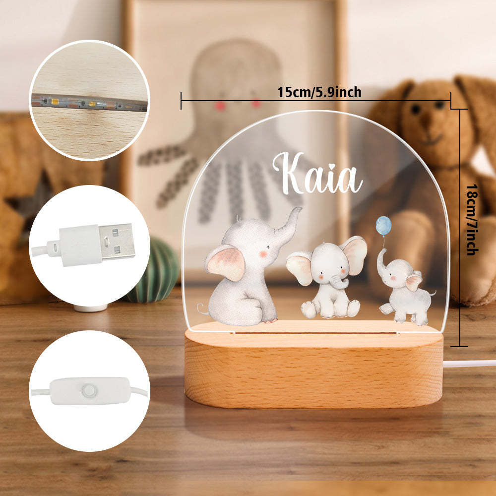 Personalized Name Baby Elephant Night Light Custom Name Nursery Room Lamp Gift For Kids - photomoonlamp