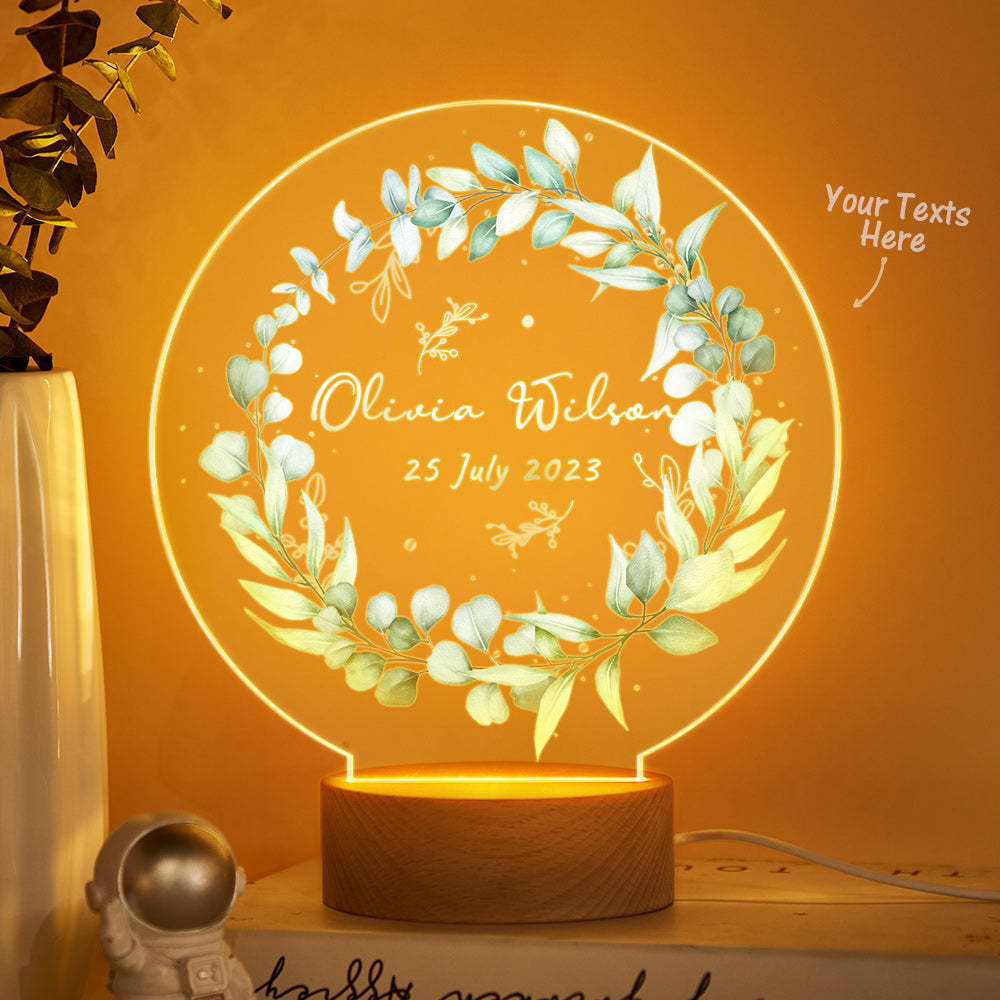 Personalized Baby Name Night Light Custom Green Wreath Baby Room Decor - photomoonlamp