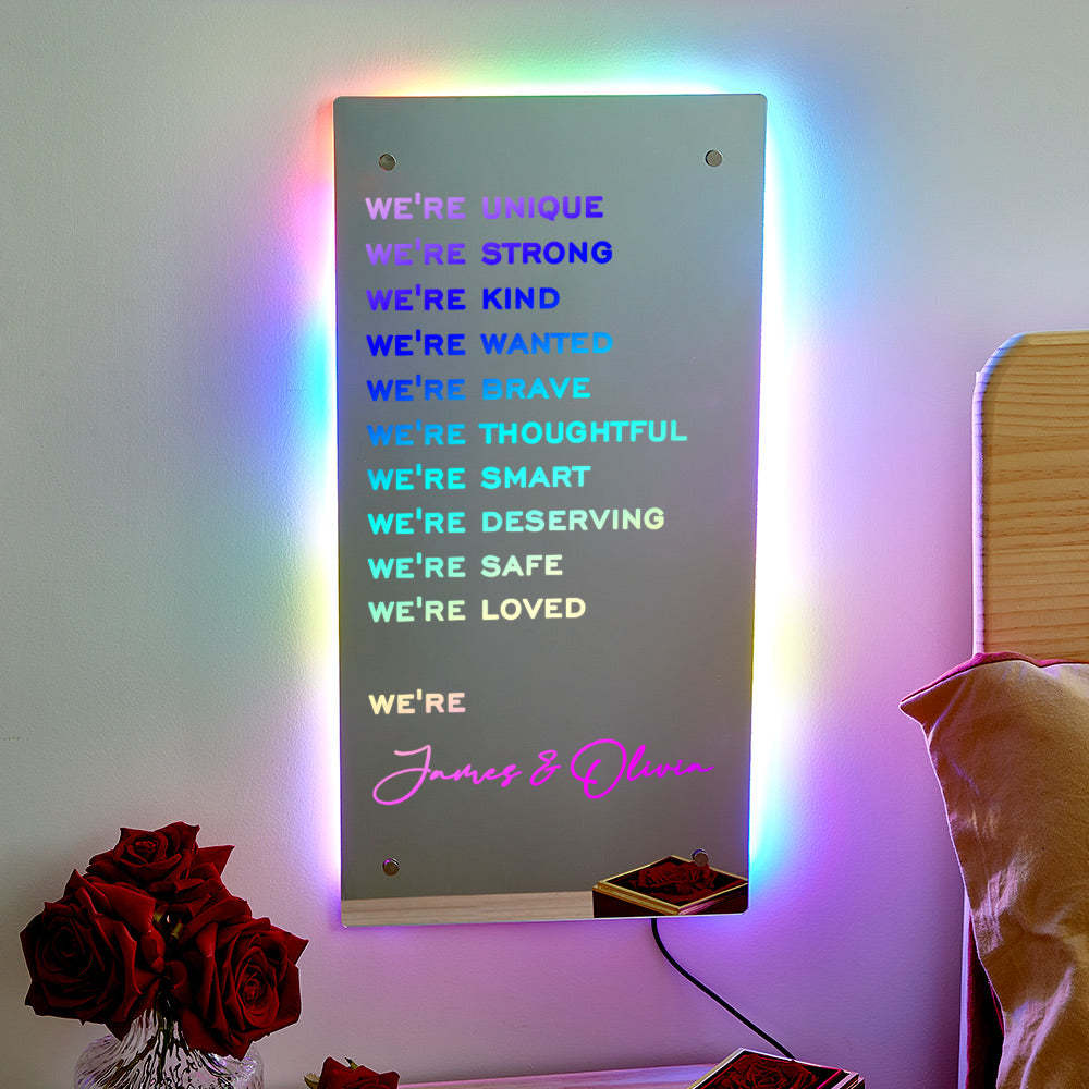 Valentine's Day Gift WE ARE Personalized Name Mirror Light Light Up Colorful Bedroom Lamp Gift for Couple - photomoonlamp