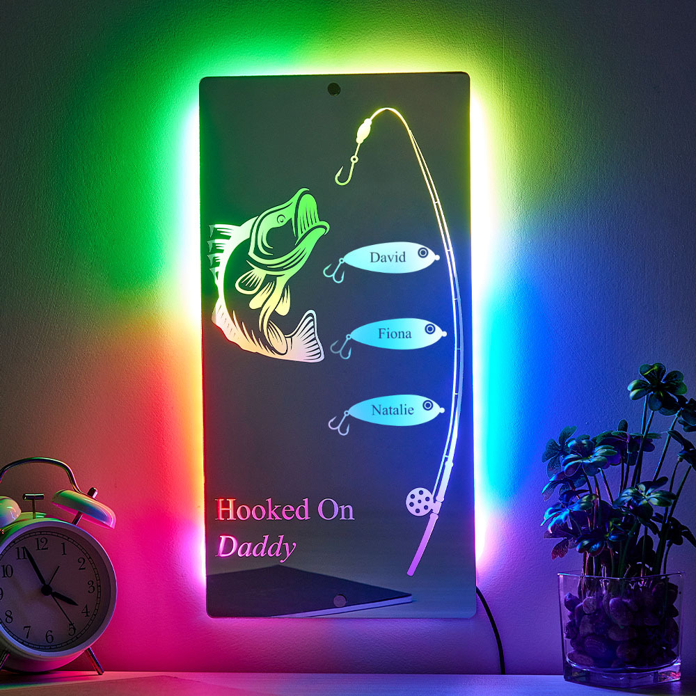 Personalized Hooked On Daddy Mirror Light Custom Name Light Up Mirror Father's Day Gifts
