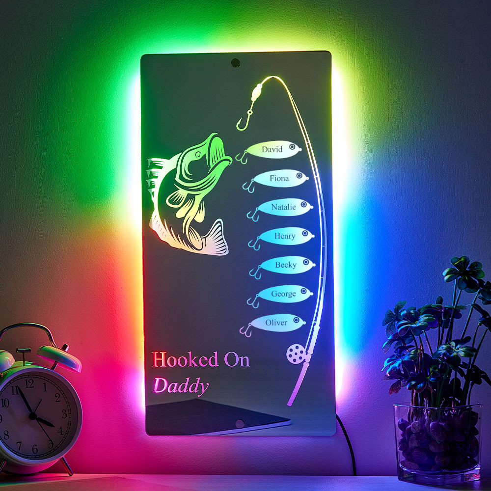 Personalized Hooked On Daddy Mirror Light Custom Name Light Up Mirror Father's Day Gifts