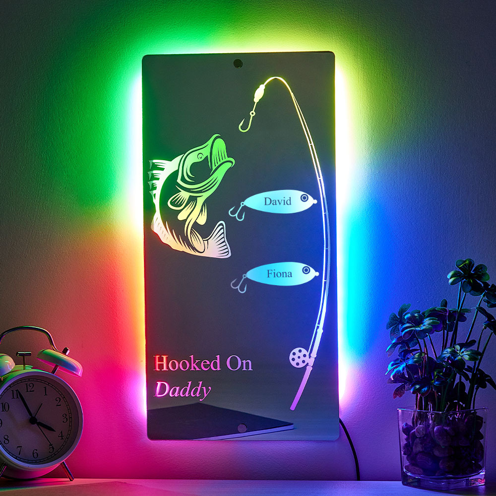 Personalized Hooked On Daddy Mirror Light Custom Name Light Up Mirror Father's Day Gifts
