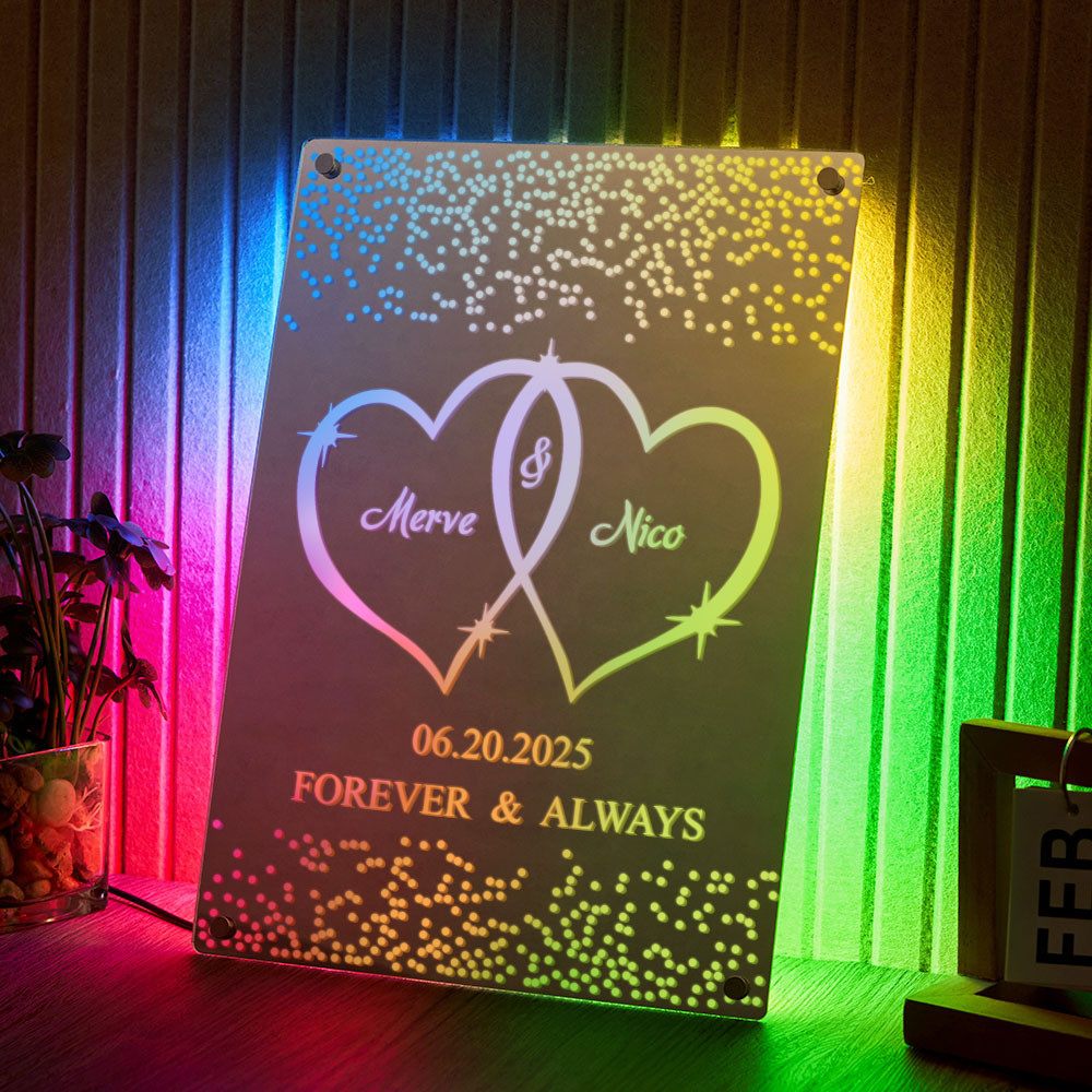Personalized Names Mirror Light Colorful Bedroom Lamp Wedding Anniversary Gift for Couples