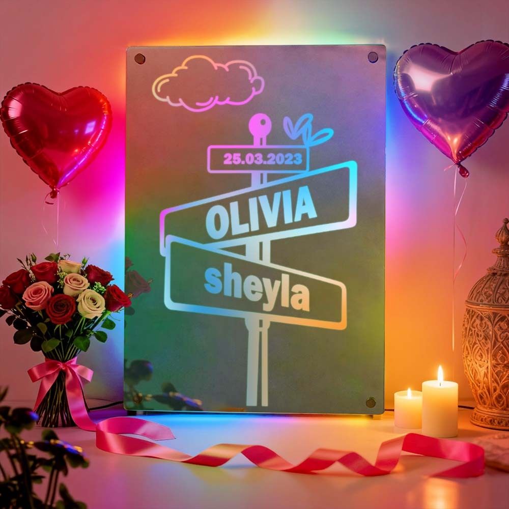 Valentine's Day Gift Custom Street Sign LED Mirror Light Personalized Name Plate Wall Decor Wedding Anniversary Gift for Couples