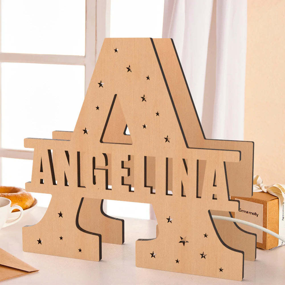 Personalized Initial Name Wooden Night Light Custom Letter Lamp Room Decor - photomoonlamp