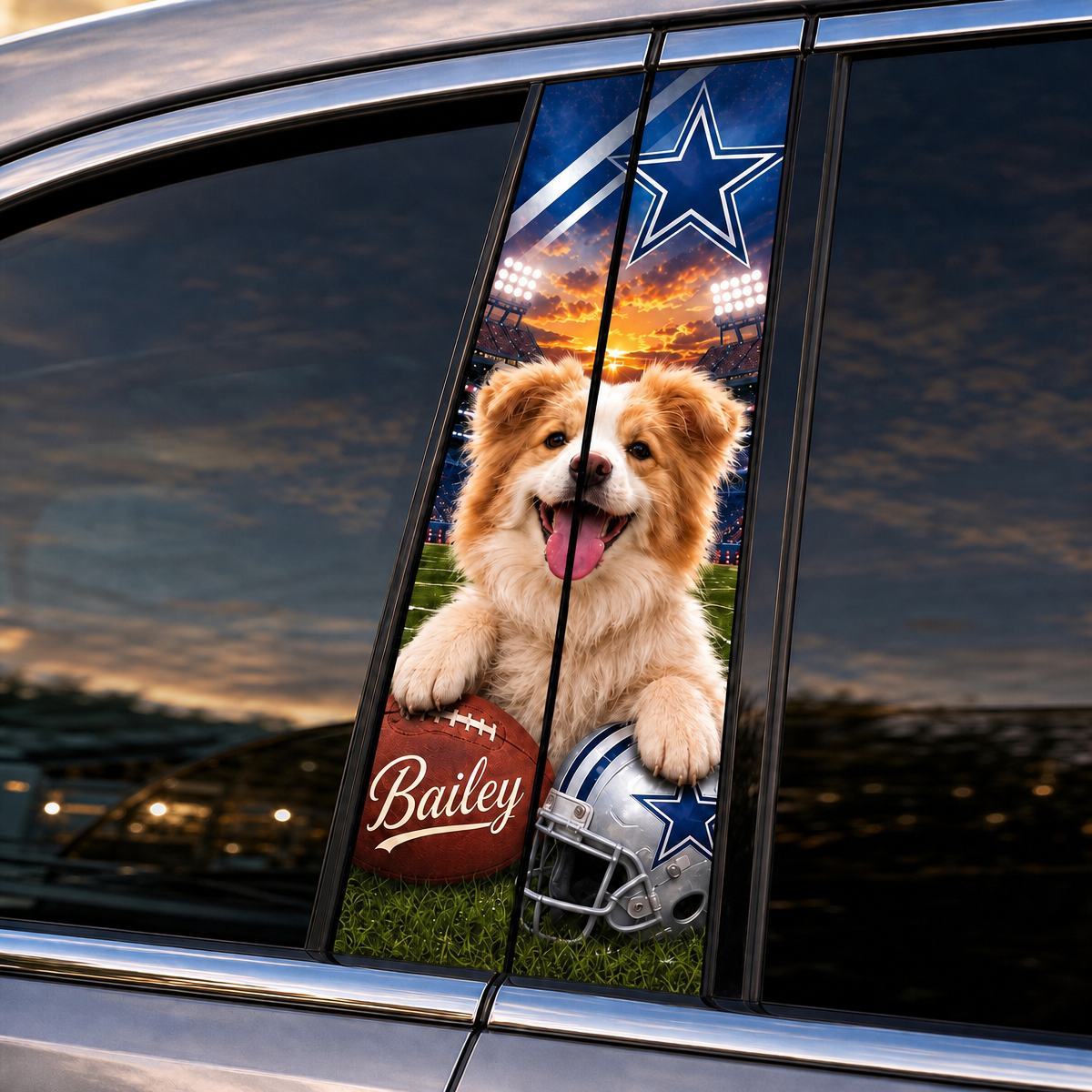 Custom Pet Portrait Car Pillar Wrap – Personalized Dog & Cat Photo Car Decal, Football-Inspired Auto Interior Decor, Universal Fit