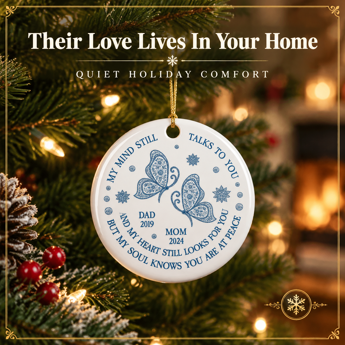 Personalized Ceramic Ornament for Memorial Christmas Gift – 'My Mind Still Talks To You' Butterfly Design - PhotoMoonLamp