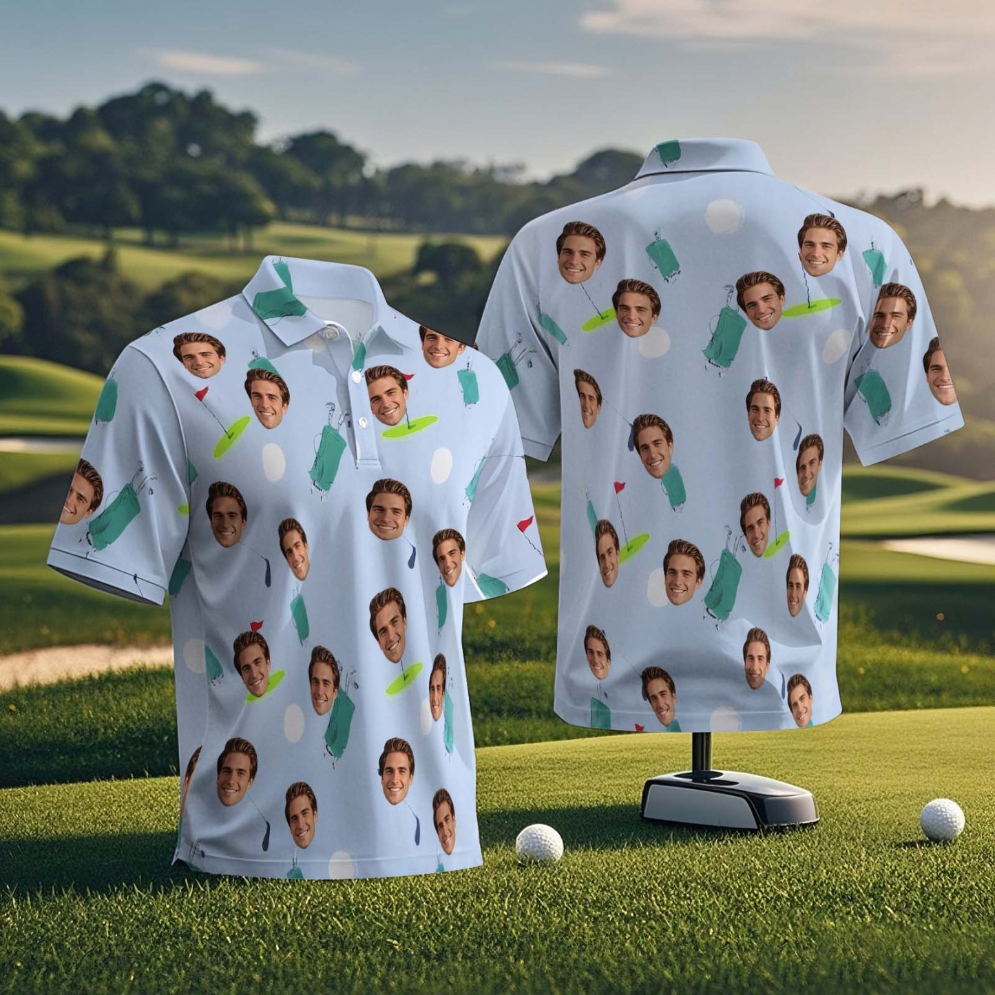Custom Face Polo Shirt for Golfer Face on Shirt Gifts for Husband Personalized Green Golf Bucket Short Sleeve Golf Shirt - PhotoMoonLamp