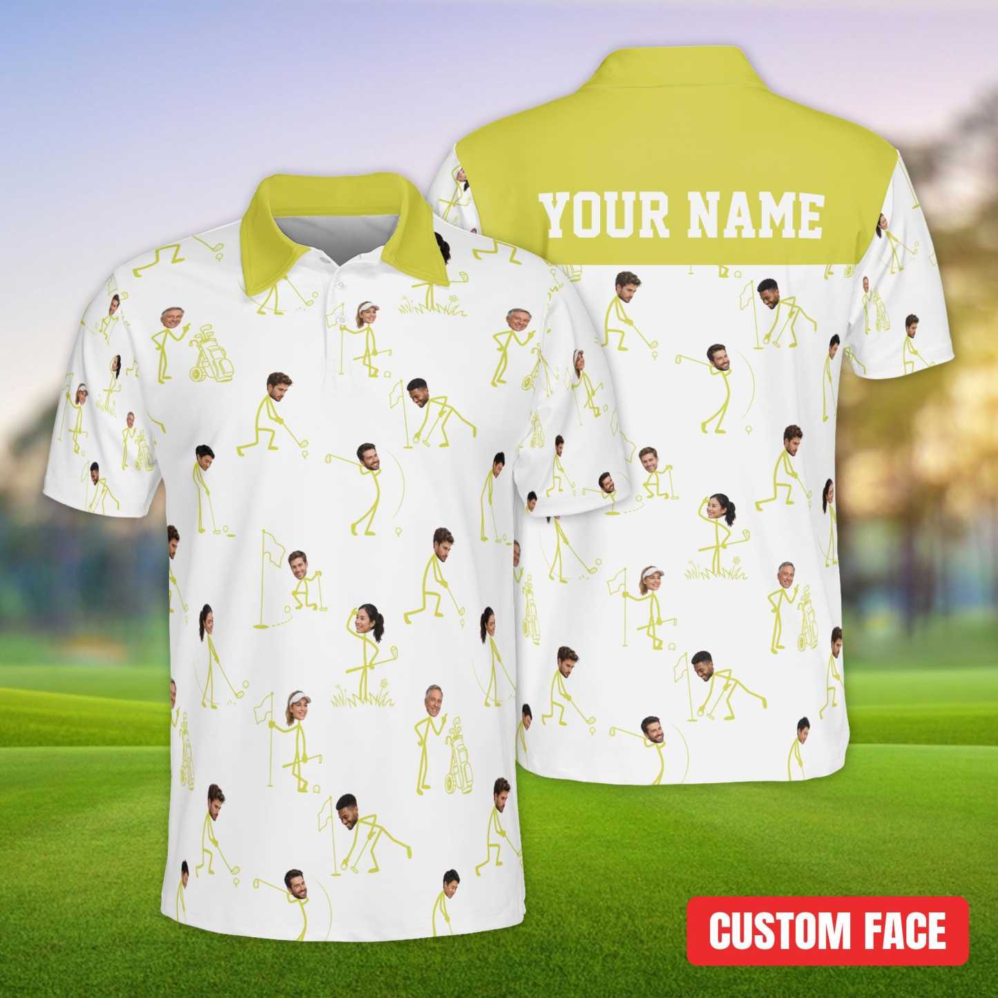 Custom Face Golf Polo Shirt, Personalized Photo Golf Shirt with Name, Funny Stick Figure Golfing Shirt, Unique Birthday Gift for Golfer - PhotoMoonLamp