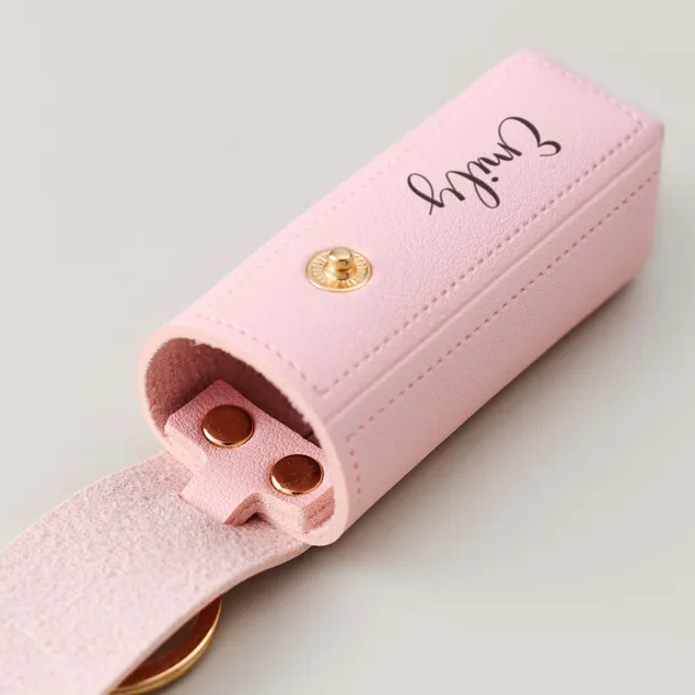 Engraved Birth Flower Lipstick Keychain Case with Mirror, Custom PU Leather Lip Balm Bag, Personalized Birthday Gift for Her, Christmas gift