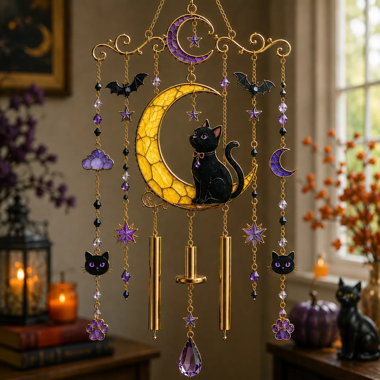 Halloween Stained Glass Carriage Wind Chime – Spooky Decor for Porch, Garden & Party Gift