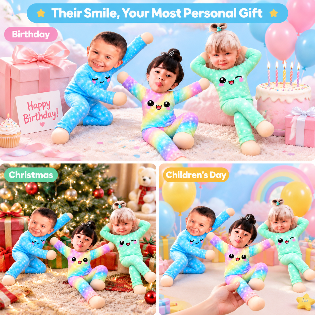 Poseable Plush Doll for Kids – Custom Photo Face Toy, Rainbow & Pastel Outfits, Birthday & Christmas Gift for Toddlers - PhotoMoonLamp
