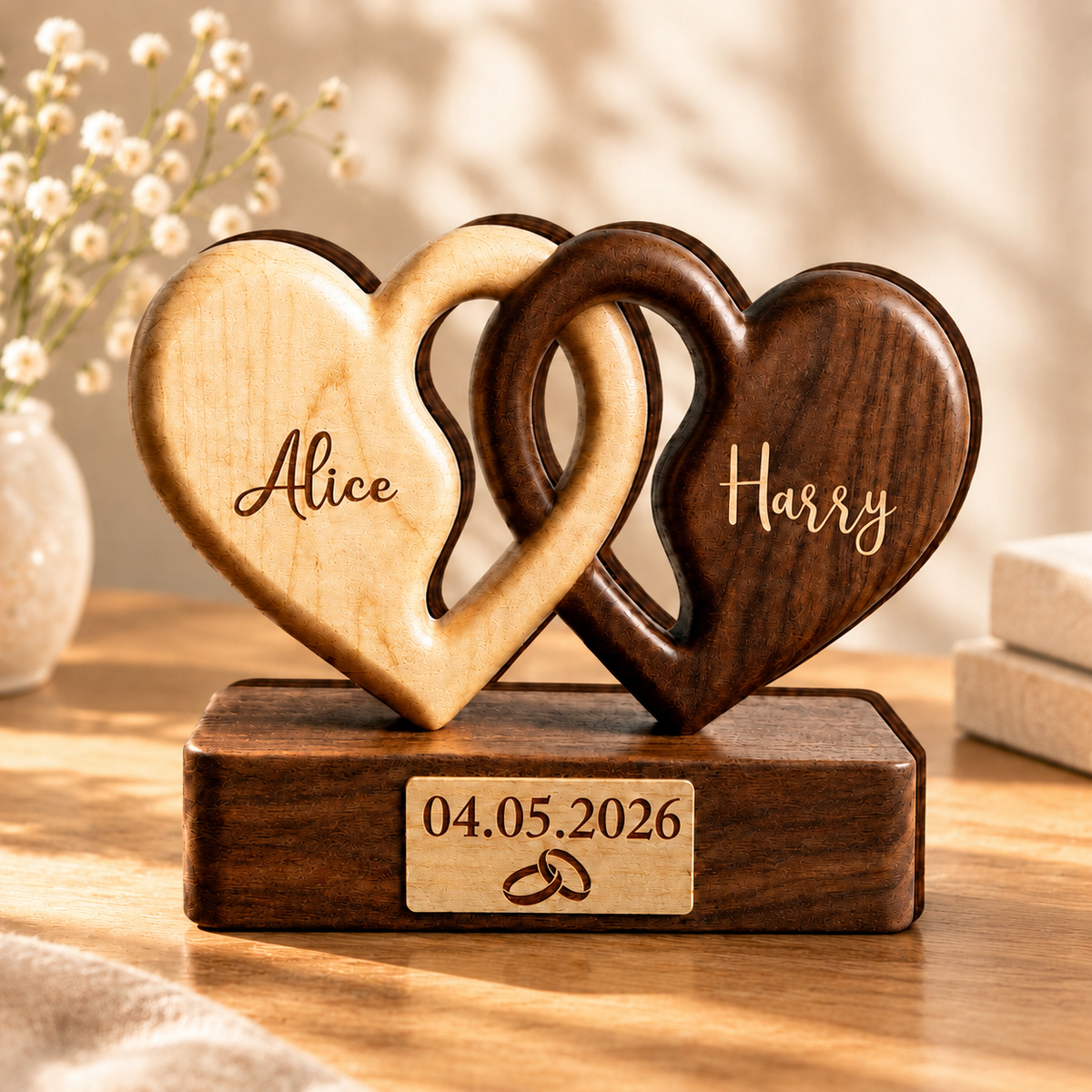 Personalized Interlocking Hearts 3-Layer Wood Plaque Gift