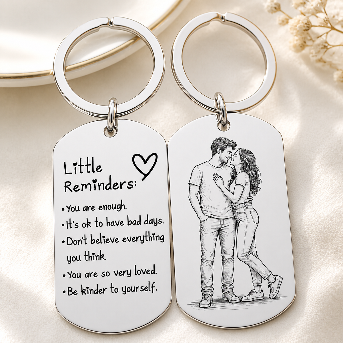 Personalized Photo Inspirational Little Reminders Keychain – Custom Engraved Stainless Steel Dog Tag with Photo Sketch | Meaningful Gift for Friends & Family