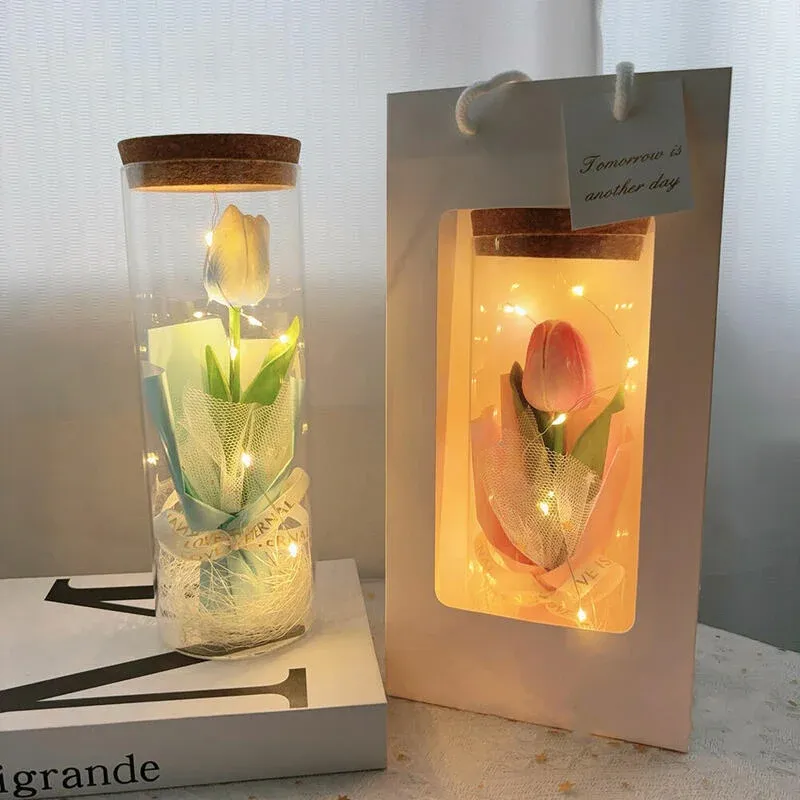 Tulip Glass Bottle Bouquet Night Light Romantic Mother's Day Gift