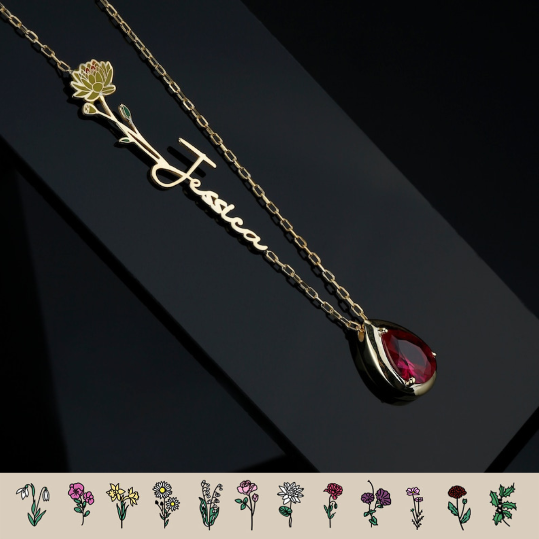 Personalized Birth Flower & Birthstone Necklace with Name, Women's Jewelry, Mother's Day Gift, Gift for Mom
