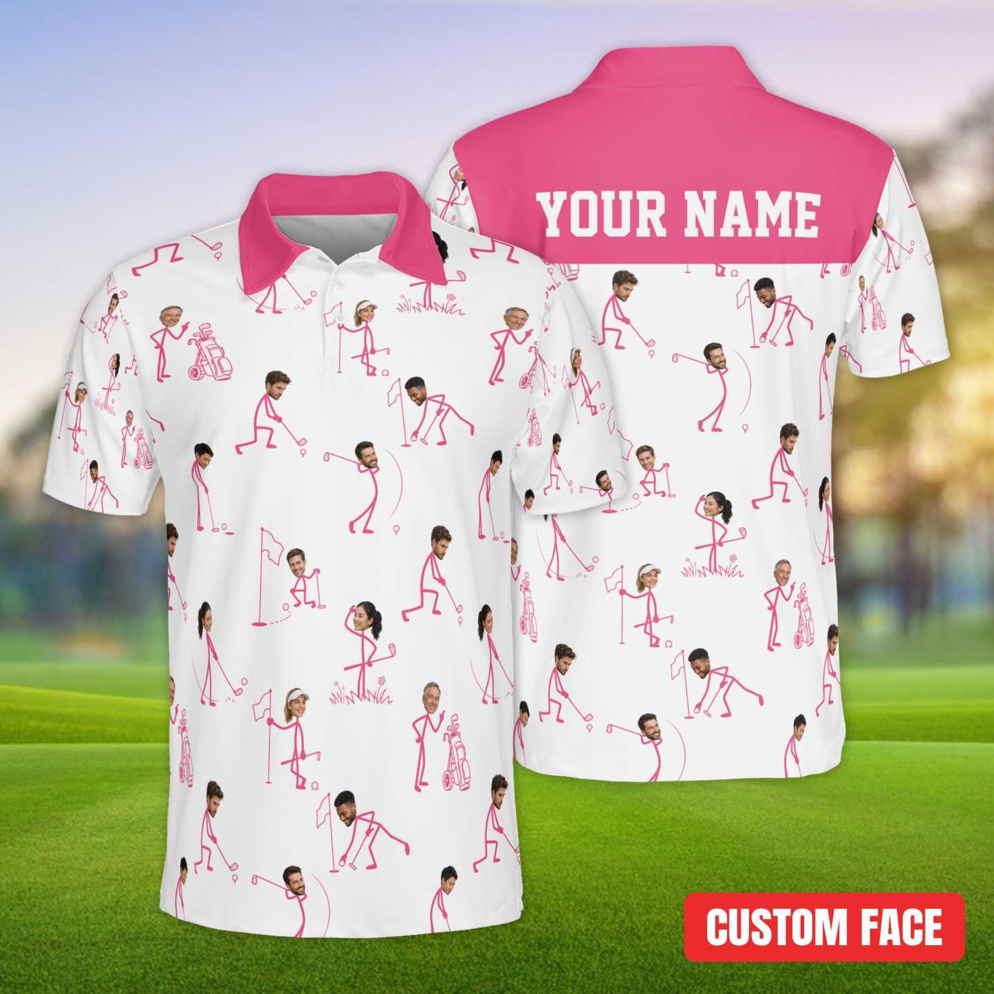 Custom Face Golf Polo Shirt, Personalized Photo Golf Shirt with Name, Funny Stick Figure Golfing Shirt, Unique Birthday Gift for Golfer - PhotoMoonLamp