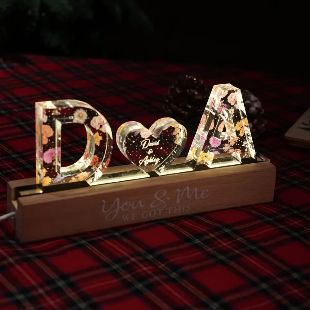 Couple Initials Floral Theme - Personalized Acrylic Block Plaque LED Night Light - Gift For Her, Gift For Him