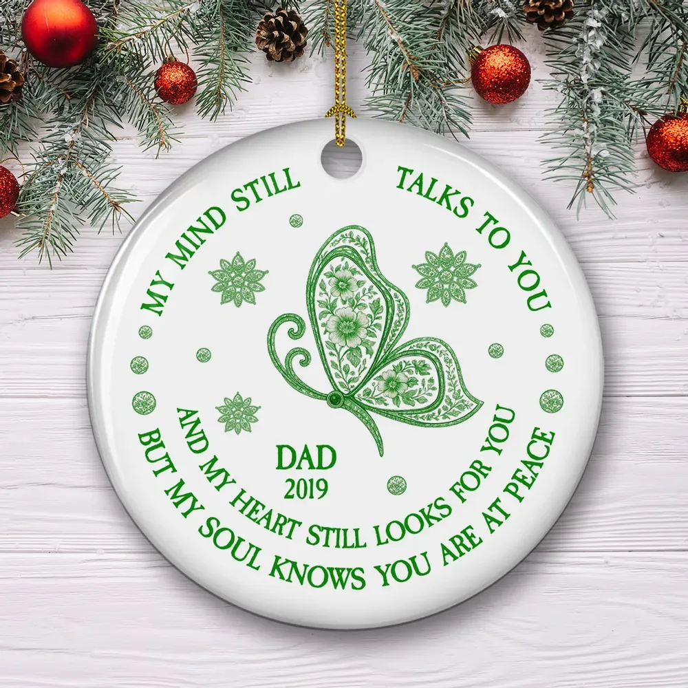 Personalized Ceramic Ornament for Memorial Christmas Gift – 'My Mind Still Talks To You' Butterfly Design - PhotoMoonLamp