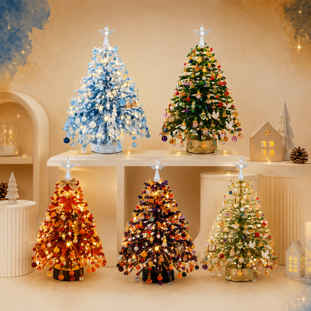 Beaded Mini Christmas Tree DIY Kit – Handmade Tabletop Holiday Decor with Angel Topper