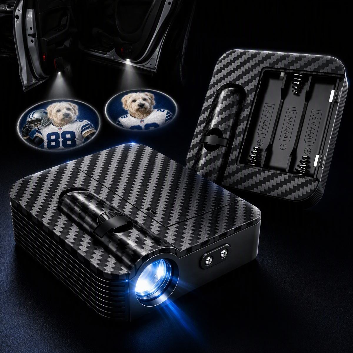 Custom Pet Portrait Car Door Projector Lights Personalized Dog & Cat Photo Welcome Light, Football-Inspired Auto Door LED Projector, Universal Fit