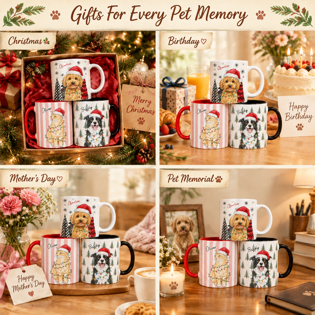Personalized Pet Christmas Mug Custom Watercolor Portrait Gift for Dog & Cat Lovers, Holiday Present - PhotoMoonLamp
