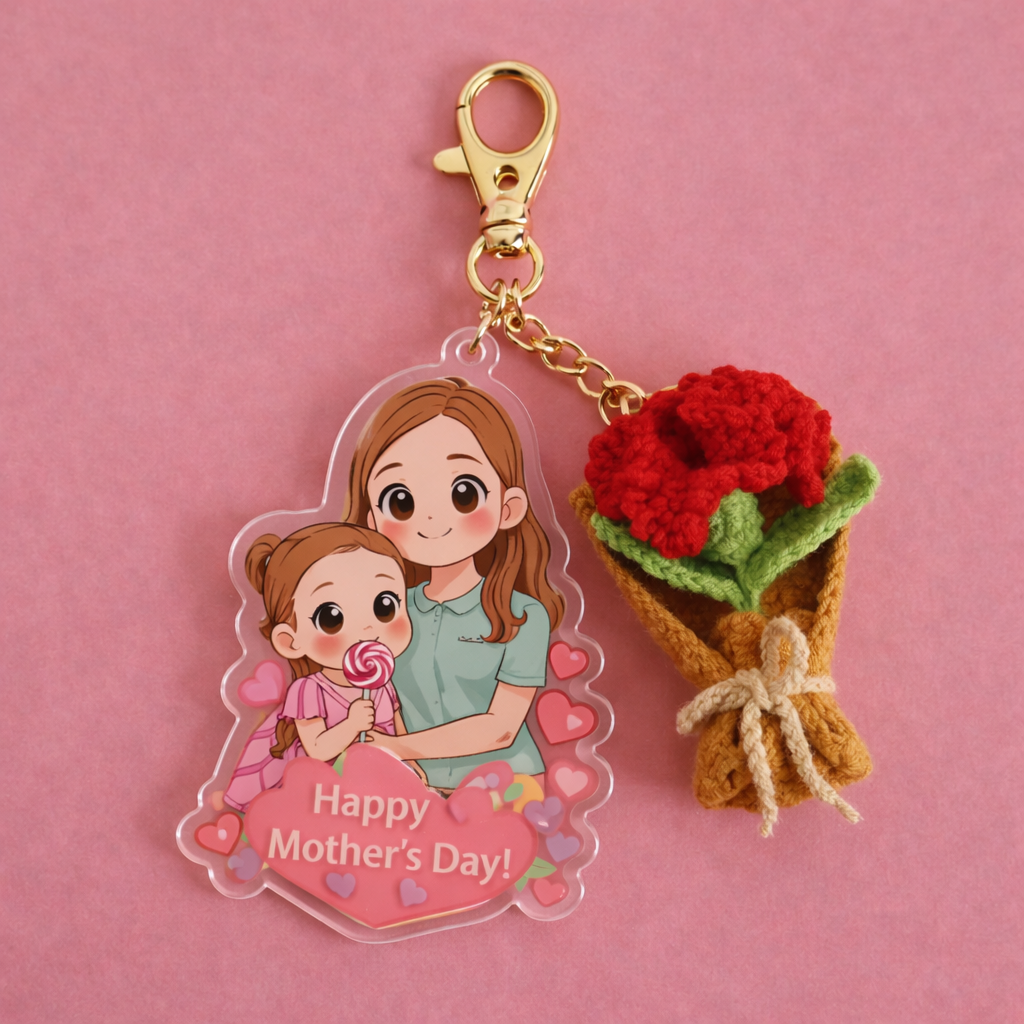 Mother’s Day Keychain Gift | Cute Girl Acrylic Charm with Handmade Crochet Carnation Bouquet | Sweet & Thoughtful Gift