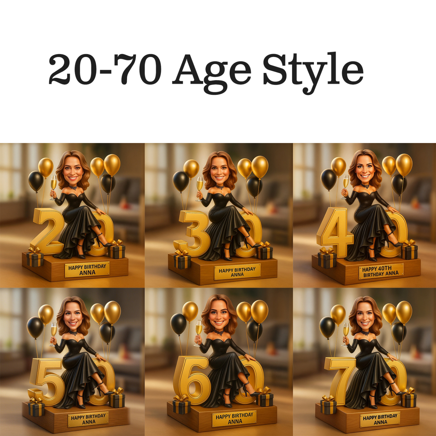 50th Birthday Portrait Caricature Gift Personalized for Women 2D Look 3D Pop - PhotoMoonLamp