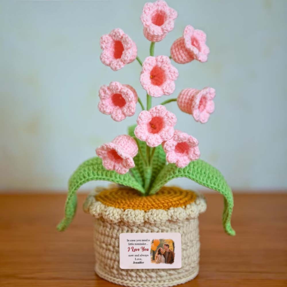 Custom Photo and Name LED Light Crocheted Lily of the Valley - Glowing Potted Knit Flower Home Ambiance Decor