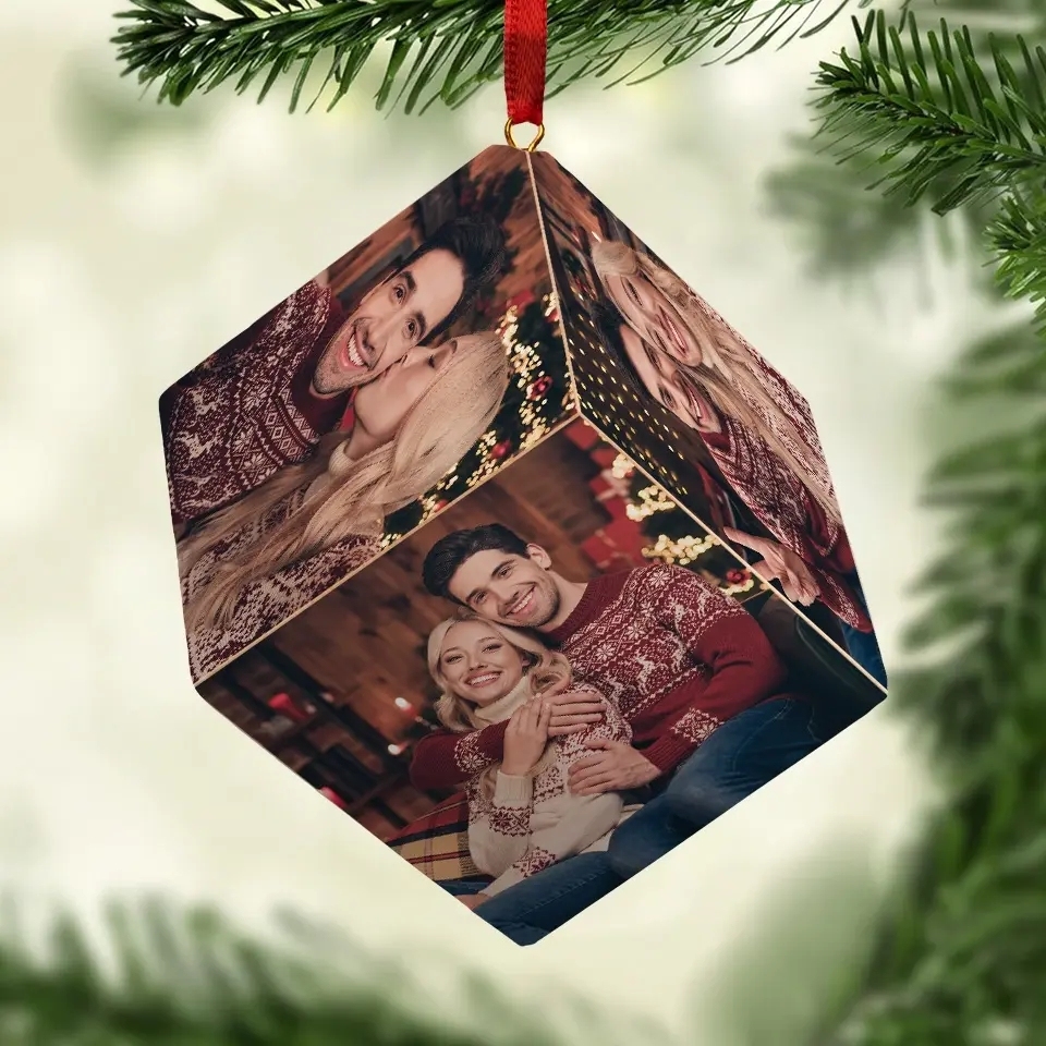 Custom Photo Beautiful Time With You - Couple Personalized Custom Wooden Cube Ornament - Christmas Gift For Husband Wife, Anniversary