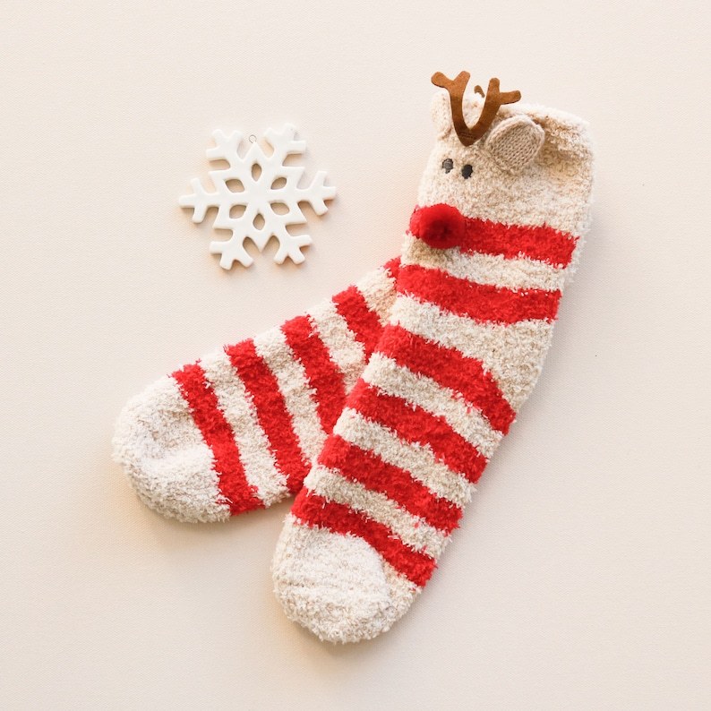Personalized Reindeer Socks Cozy Fuzzy Christmas Socks Custom Holiday Socks Gift Ideas for Women Teens Friends Stocking Stuffers