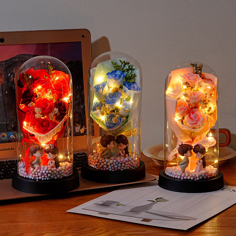 Preserved Rose Glass Dome - LED Light Couple Figurine Decor, Valentine's Day Gift