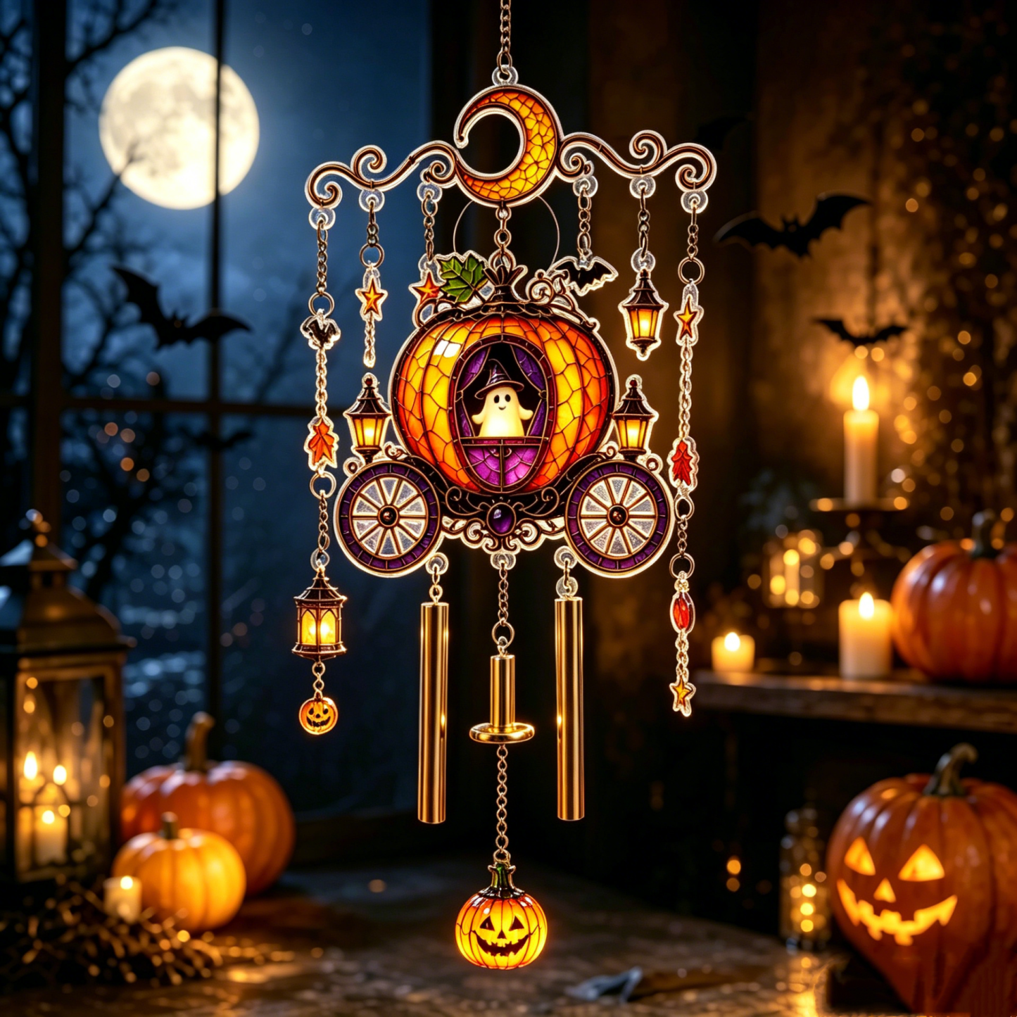 Halloween Stained Glass Carriage Wind Chime – Spooky Decor for Porch, Garden & Party Gift Halloween Stained Glass Wind Chime Gift