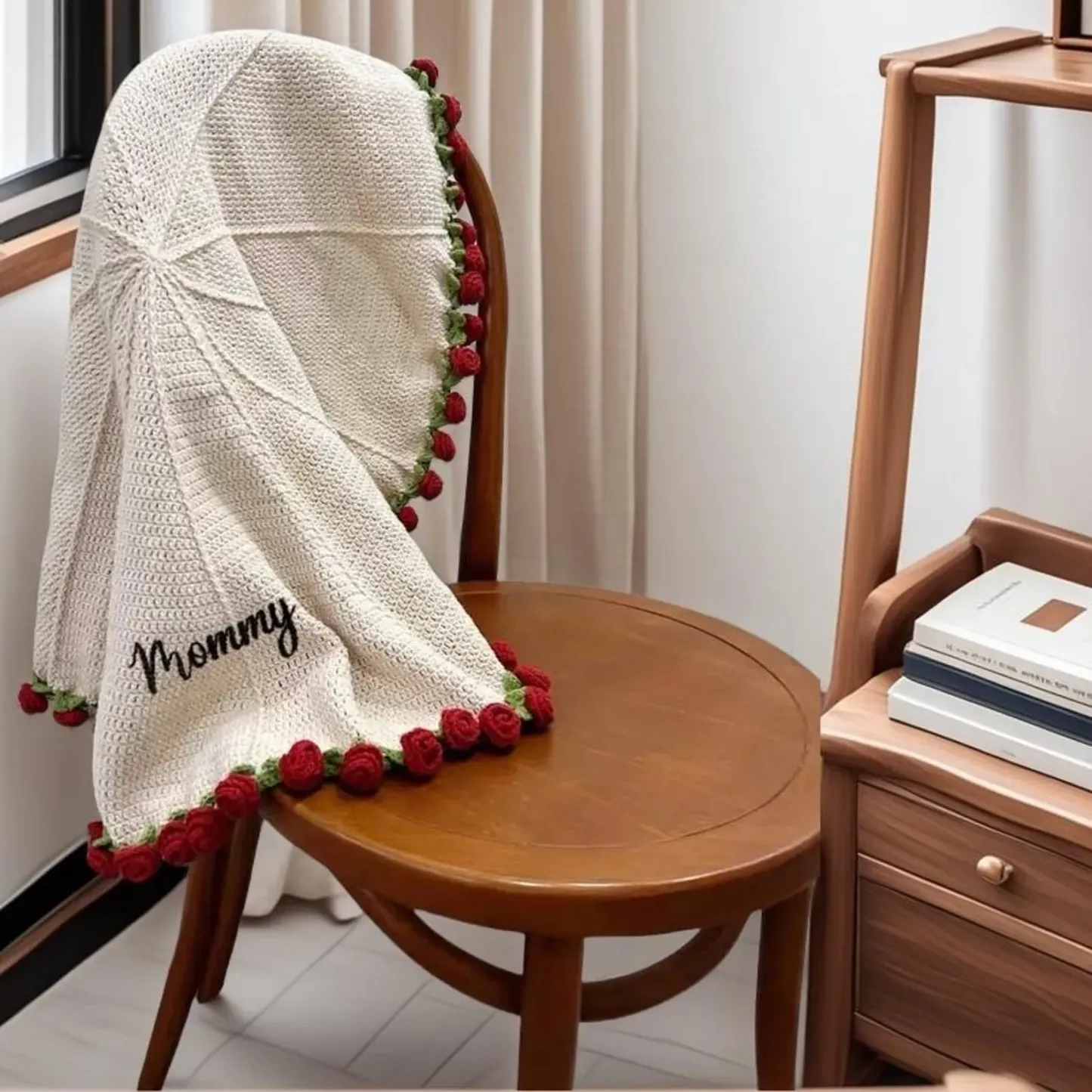Custom Name Hand-Knitted Rose Blanket Ready-Made Gift for Mother's Day 80cm - 150cm - PhotoMoonLamp