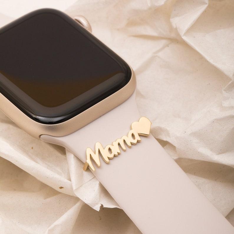 Custom Apple Watch Name Mama Tag Charm, Personalize Smart Watch Straps Charm, Solid Gold Smart Watch Tag, Name Figure Accessories
