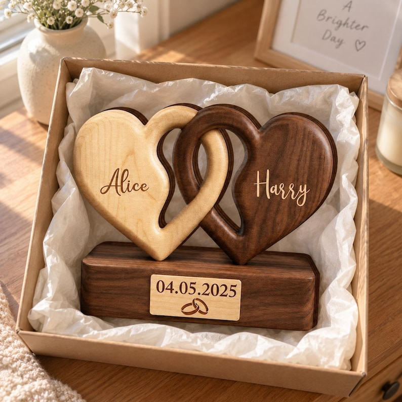 Interlocking Hearts Wooden Plaque - Personalized Anniversary Gift for Couples, Wedding Keepsake for Him & Her