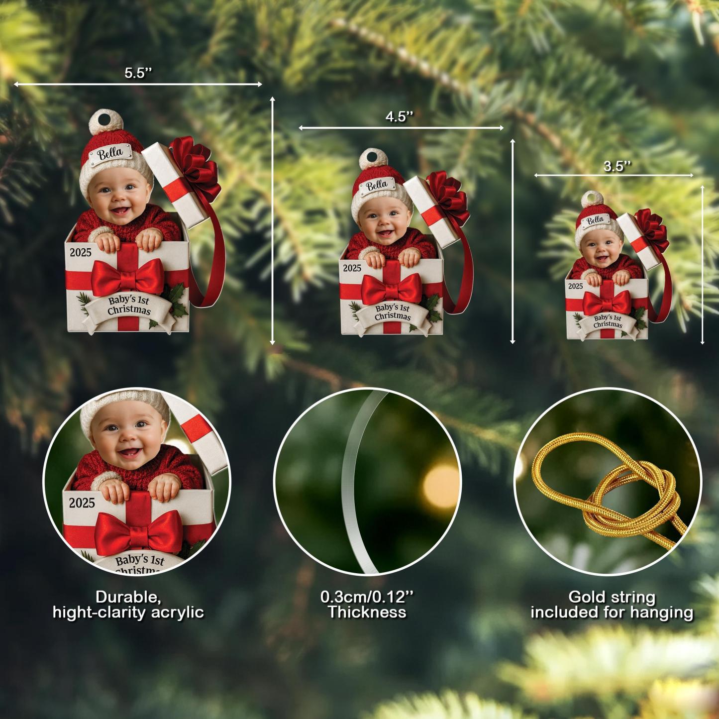 Baby Christmas Gift Box 2D Flat Acrylic Ornament, Personalized Baby Photo Christmas Ornament, Funny Newborn First Christmas Gift - PhotoMoonLamp