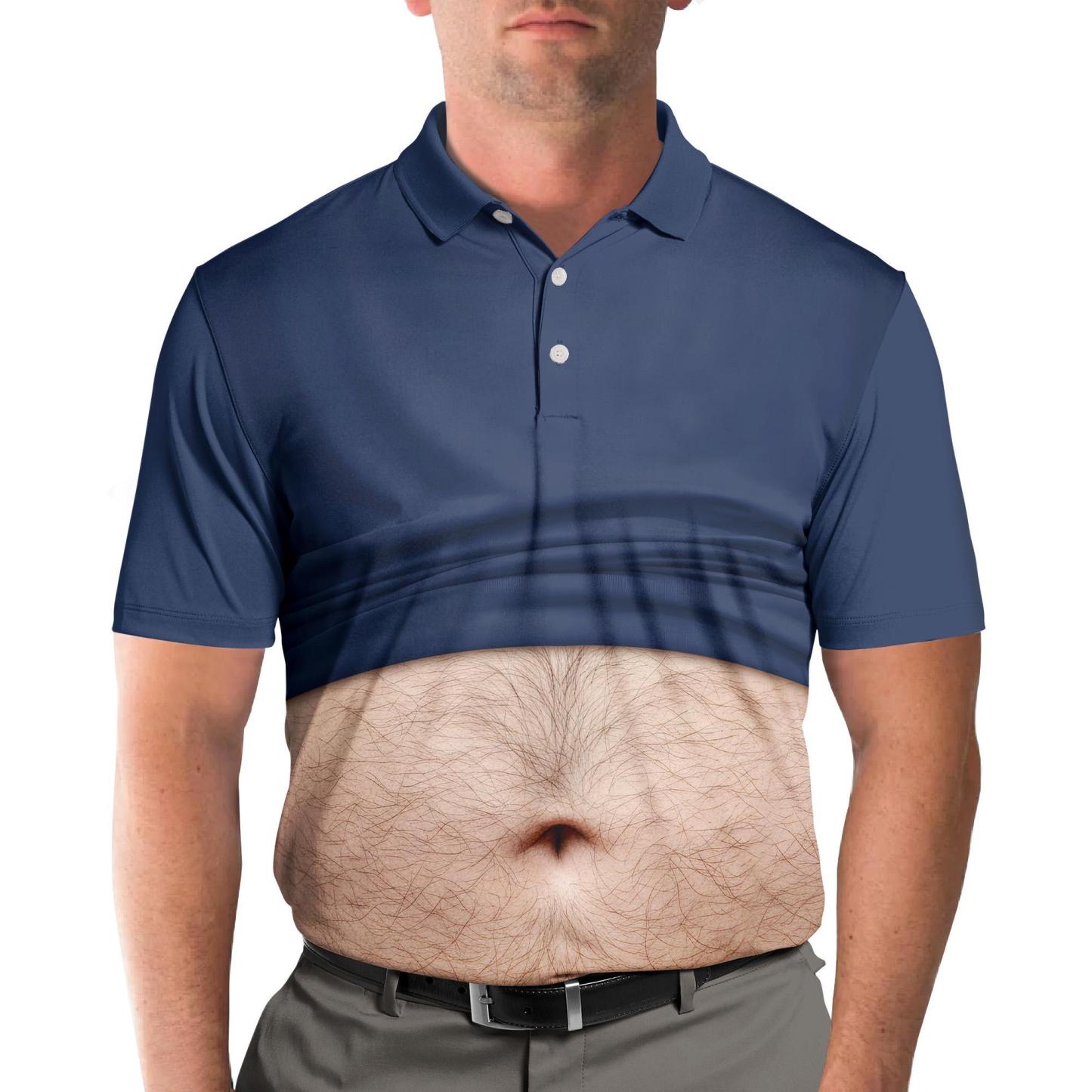 Funny Belly Polo Shirt for Men, Dad Bod Illusion Polo, Novelty Beer Belly Shirt, Hilarious Party Polo, Gag Gift for Dad Husband - PhotoMoonLamp