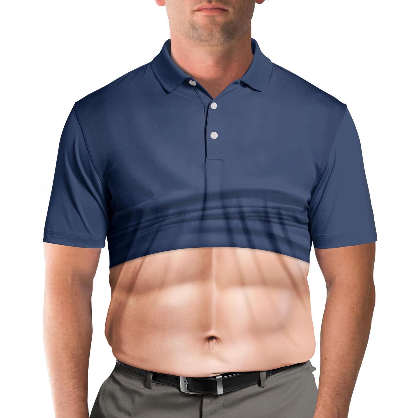Funny Belly Polo Shirt for Men, Dad Bod Illusion Polo, Novelty Beer Belly Shirt, Hilarious Party Polo, Gag Gift for Dad Husband - PhotoMoonLamp