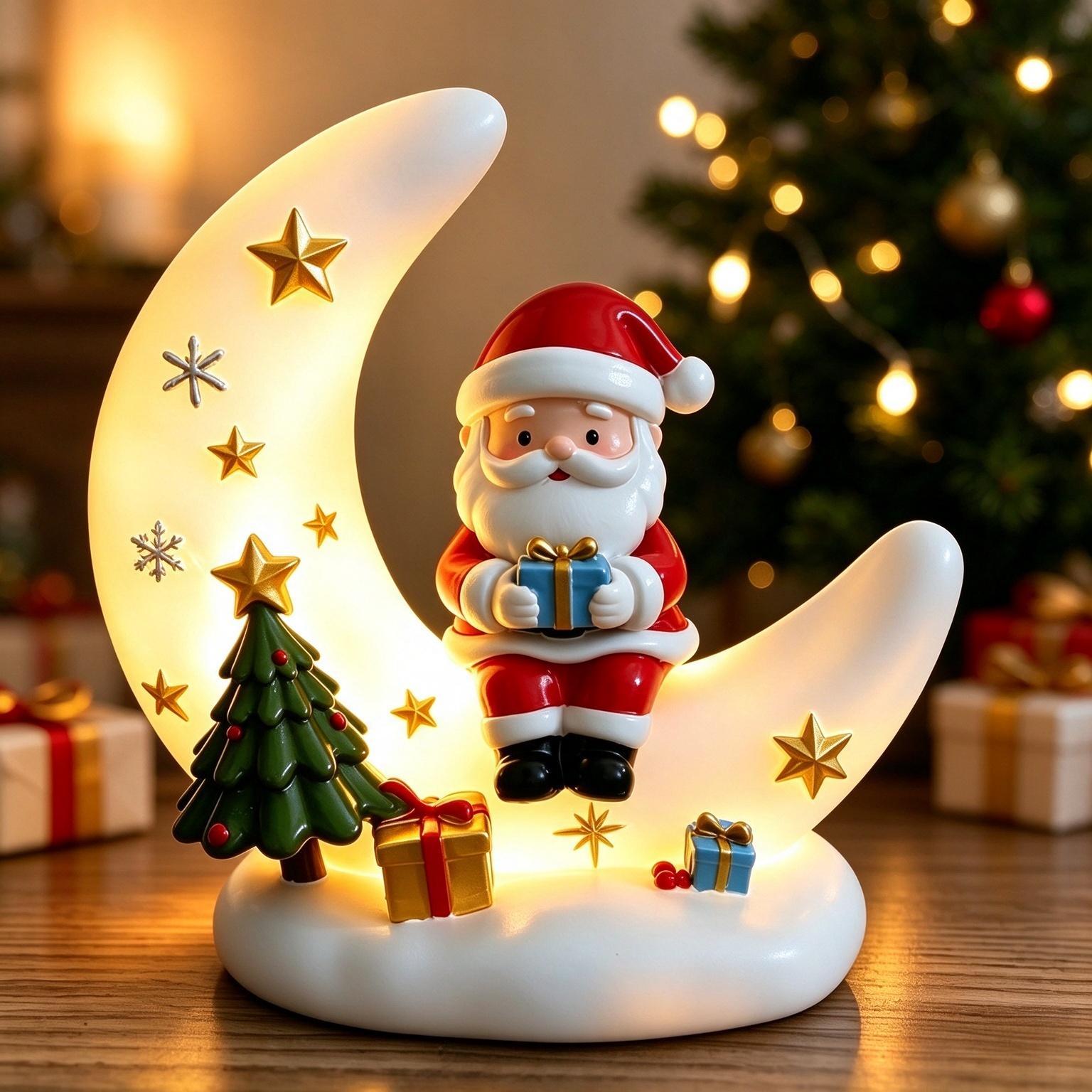 Christmas Moon Night Light, Cute Santa Reindeer Snowman Table Lamp,Warm Glow Desktop Ornament, Holiday Bedroom Decor,Christmas Gift For Kids