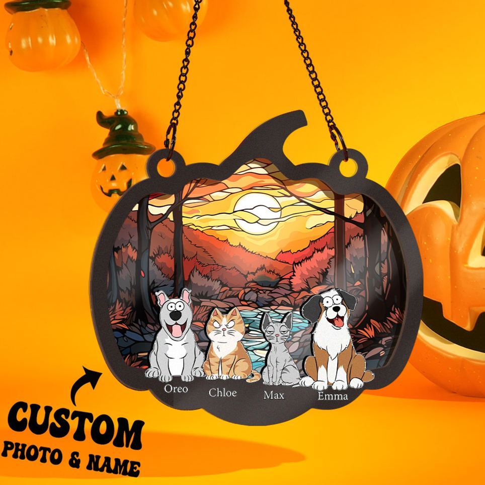 Happy Halloween With Fur Babies - Personalized Window Hanging Suncatcher Ornament