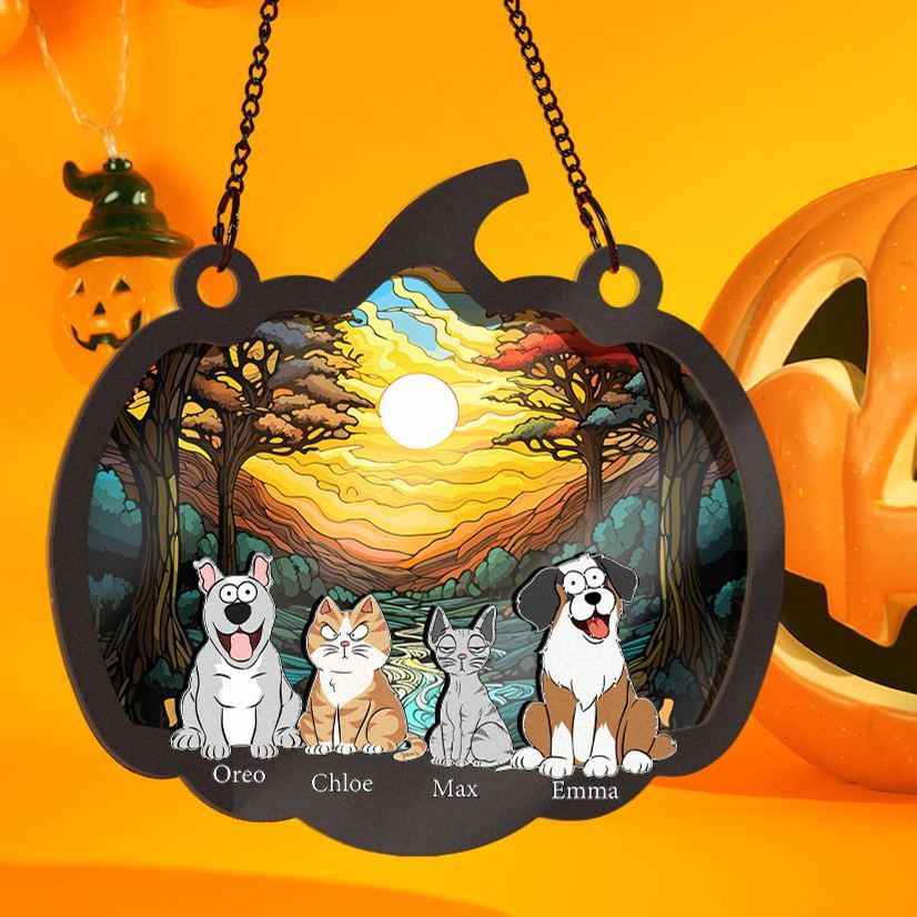 Happy Halloween With Fur Babies - Personalized Window Hanging Suncatcher Ornament