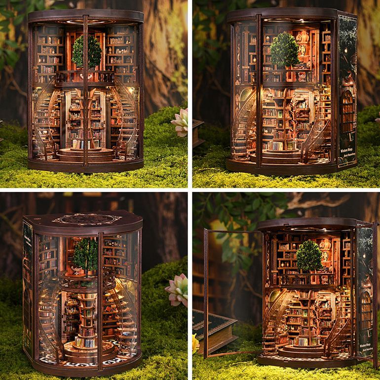 DIY Wooden "Wisdom Rings" Library 3D Puzzle Kit – LED Lighted Miniature Round Bookstore Model, Creative Handcrafted Gift (Battery Powered) - PhotoMoonLamp