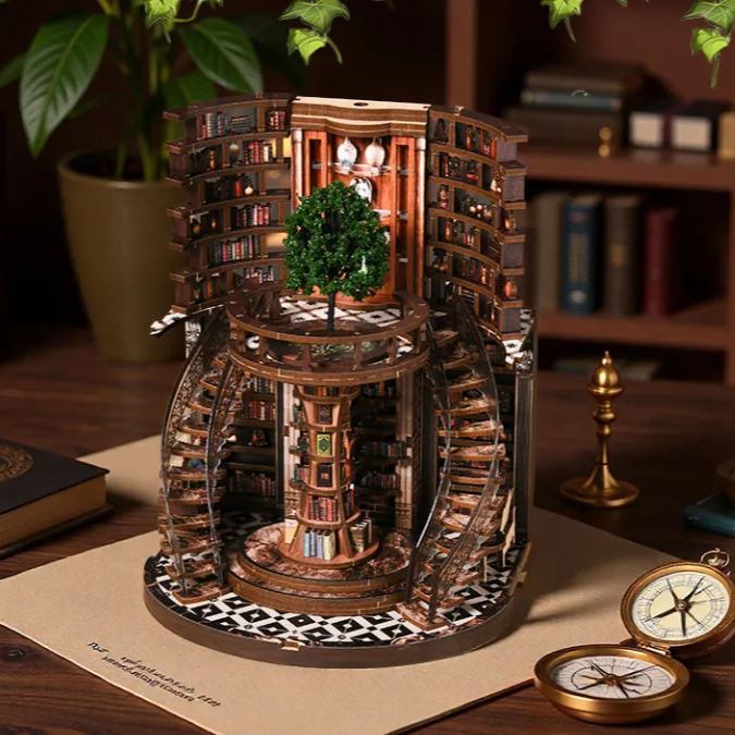 DIY Wooden "Wisdom Rings" Library 3D Puzzle Kit – LED Lighted Miniature Round Bookstore Model, Creative Handcrafted Gift (Battery Powered) - PhotoMoonLamp