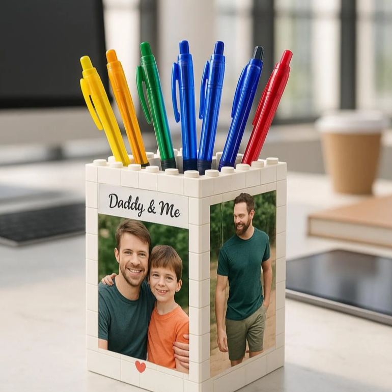 Custom Photo Brick Pencil Pot For Dad – Brick-Inspired Organizer, Gift for Him from Kids, Gift For Dad, Personalized Gift - PhotoMoonLamp