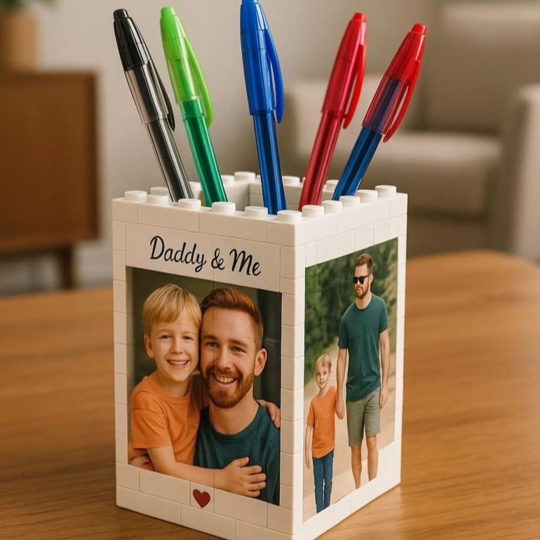 Custom Photo Brick Pencil Pot For Dad – Brick-Inspired Organizer, Gift for Him from Kids, Gift For Dad, Personalized Gift - PhotoMoonLamp