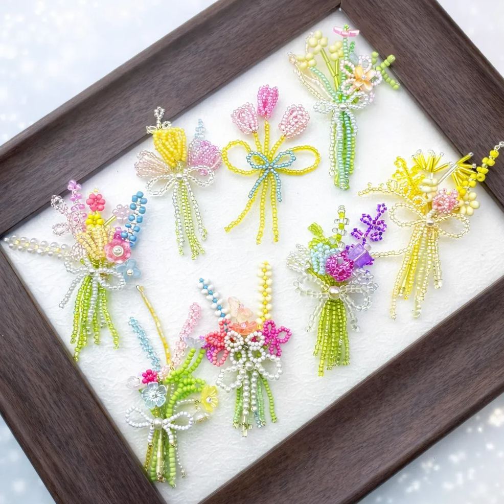 DIY Beaded Flower Bouquet Brooch Handmade Seed Bead Flower Pin Craft Kit Plastic Resin Beads Bouquet Jewelry Accessory 8*8cm