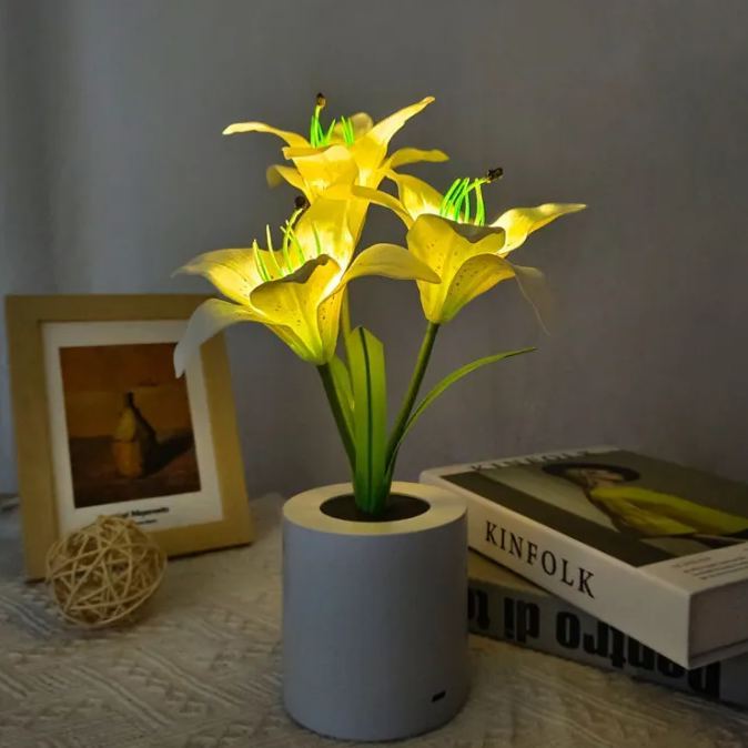 Artificial Lily LED Table Lamp USB Rechargeable Flower Night Light with Adjustable Brightness, Decorative Lily Pot Lamp for Bedroom Desk Decor
