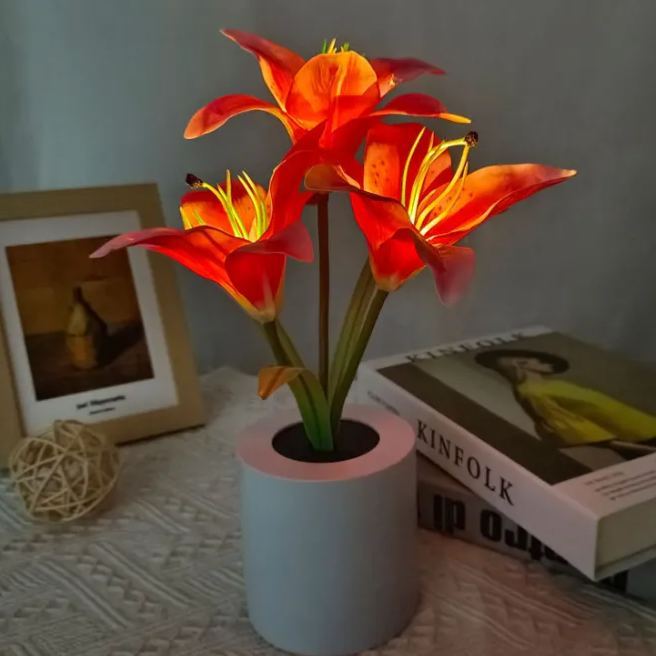 Artificial Lily LED Table Lamp USB Rechargeable Flower Night Light with Adjustable Brightness, Decorative Lily Pot Lamp for Bedroom Desk Decor