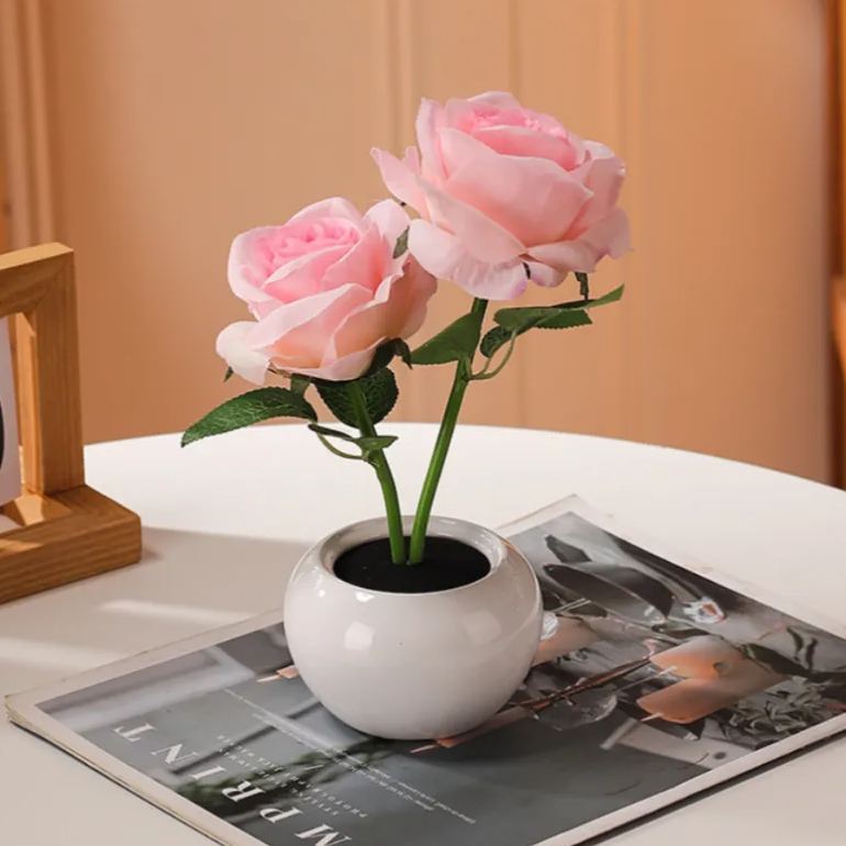 Artificial Rose Ambient Light  PU Rose Flower Table Lamp with Ceramic Pot, Romantic Decorative Night Light for Bedroom Desk